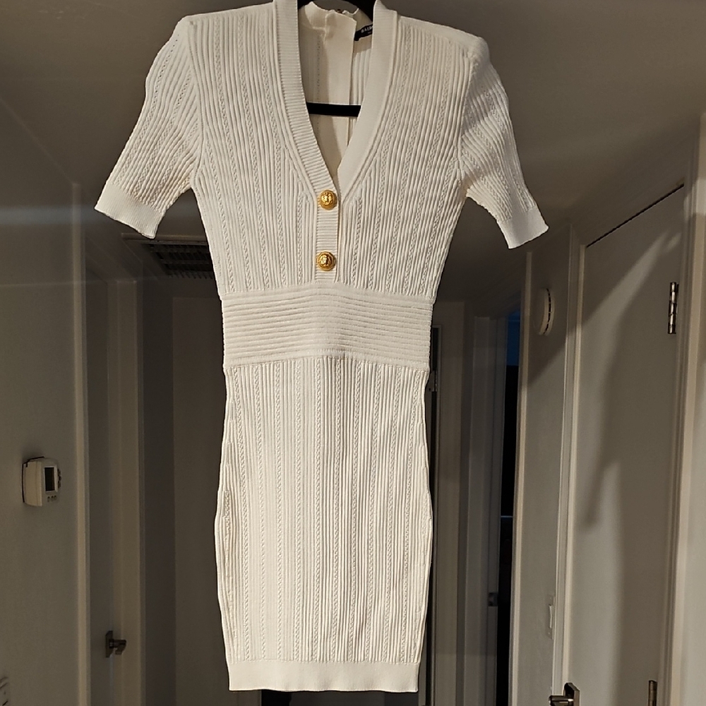 Balmain White Knit Mini Dress with Gold Buttons EUR 36